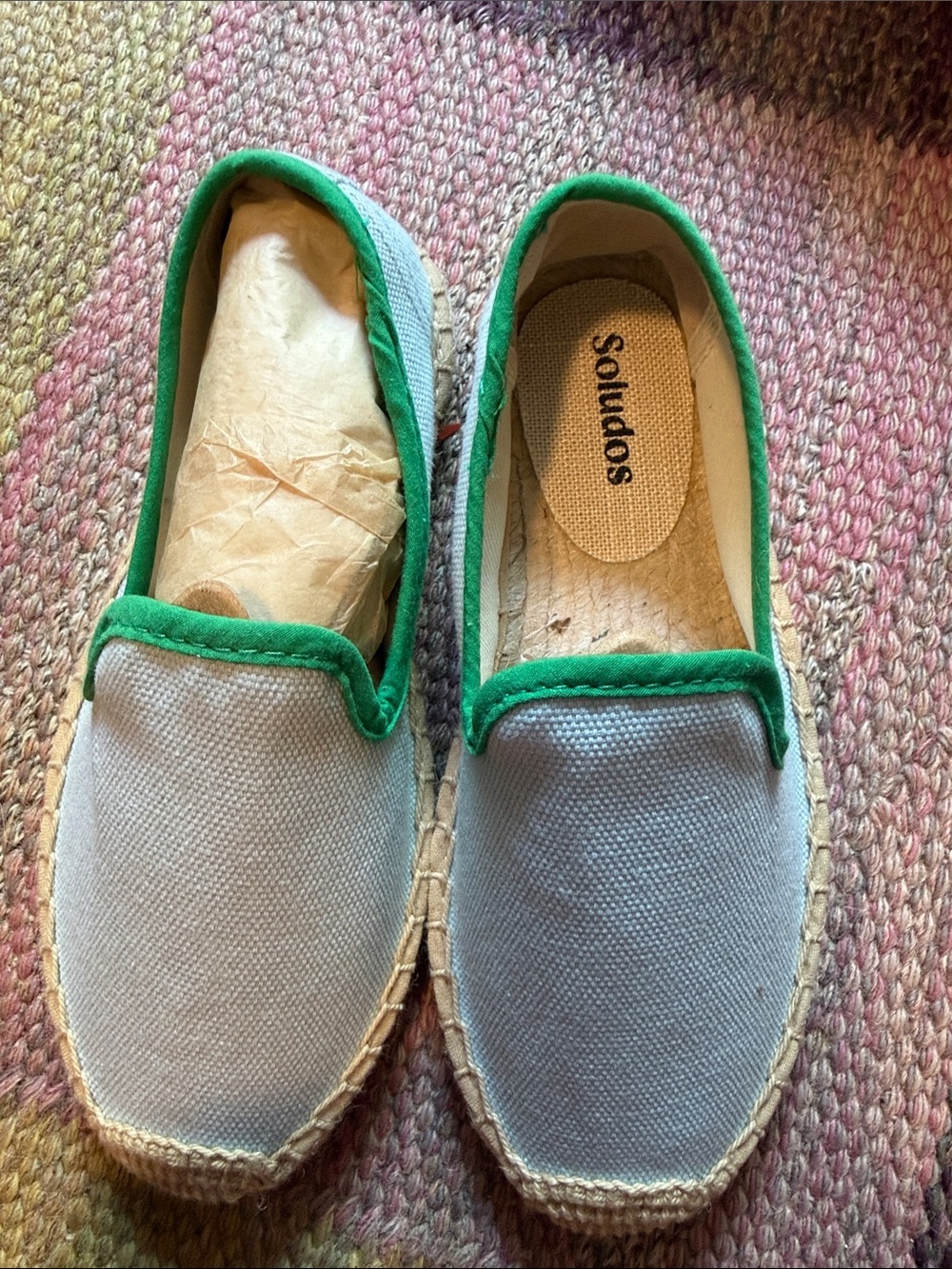 Soludos Kids Light Blue Canvas Espadrilles with Green Trim